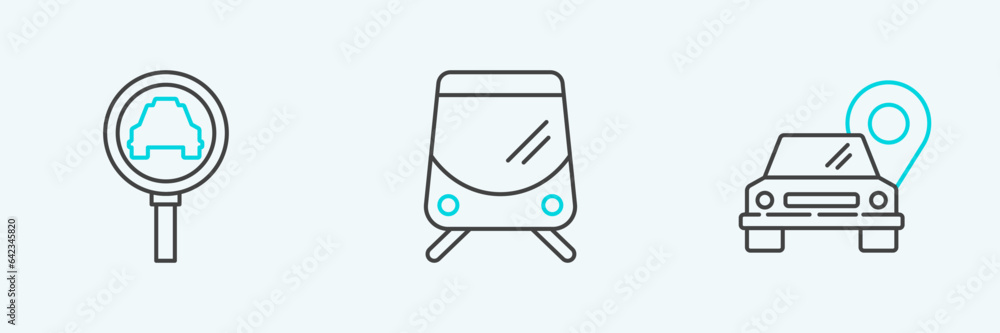 Poster set line map pointer with taxi, magnifying glass and car and tram railway icon. vector