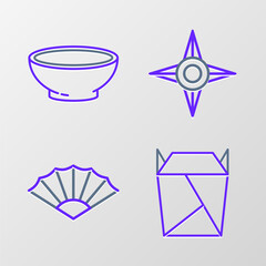 Set line Rstaurant opened take out box filled, Paper chinese or japanese folding fan, Japanese ninja shuriken and Bowl of hot soup icon. Vector