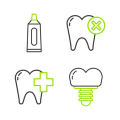 Set line Dental implant, clinic for dental care tooth, Tooth with caries and Tube of toothpaste icon. Vector