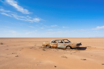 Fototapeta na wymiar Lone Abandoned Car Lost in the Desert Sands