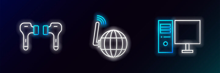 Set line Computer monitor, Air headphones and Social network icon. Glowing neon. Vector
