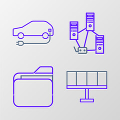 Fototapeta premium Set line Solar energy panel, Document folder, Computer network and Electric car icon. Vector