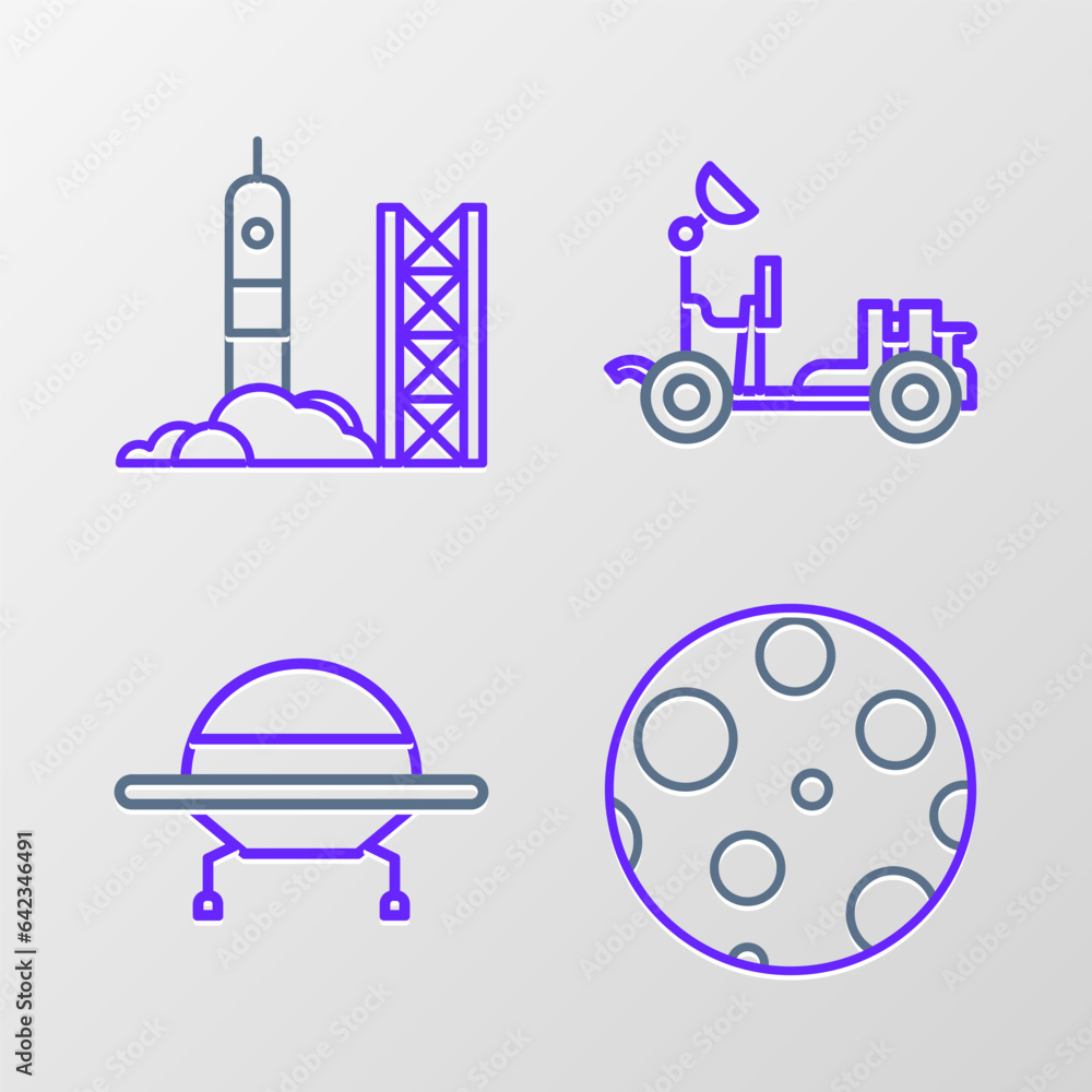 Poster set line moon, ufo flying spaceship, mars rover and rocket launch from the spaceport icon. vector