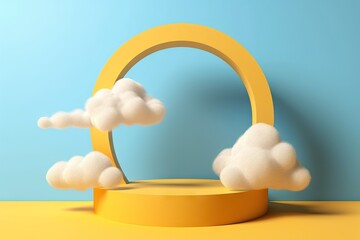 abstract Blank sky stage vacant dais wall yellow background window cloud yellow room 3d podium clouds render three-dimensional fly White blue abstract showcase pedestal