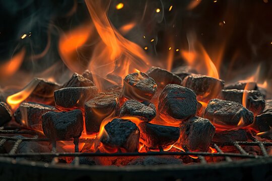 balefire fireplace l Hot bright flames blaze CloseUp burn Glowing black Charcoal closeup Briquettes charcoal Barbecue heat abstract Grill fire fiery texture red background ash Flaming Pit hot glow