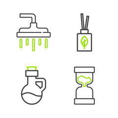 Set line Old hourglass, Essential oil bottle, Aroma diffuser and Shower head icon. Vector