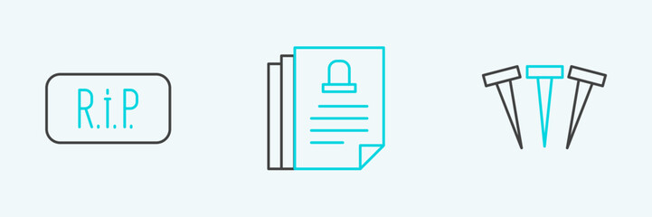 Set line Metallic nails, Speech bubble rip death and Death certificate icon. Vector