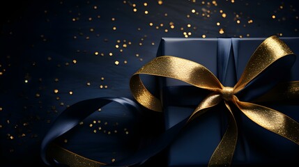 Navy Gift Ribbon with a Bow in front of a dark Background. Festive Template for Holidays and Celebrations

