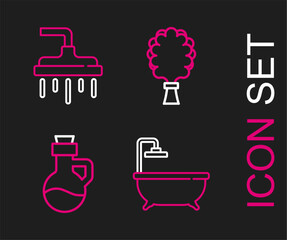 Set line Bathtub, Essential oil bottle, Sauna broom and Shower head icon. Vector