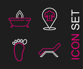 Set line Sunbed and umbrella, Foot massage, Massage and Aroma candle icon. Vector