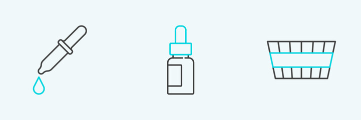 Set line Sauna bucket, Pipette and Essential oil bottle icon. Vector