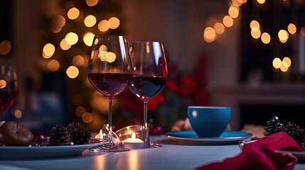 Glasses of wine on a table with Christmas decorations and bokeh