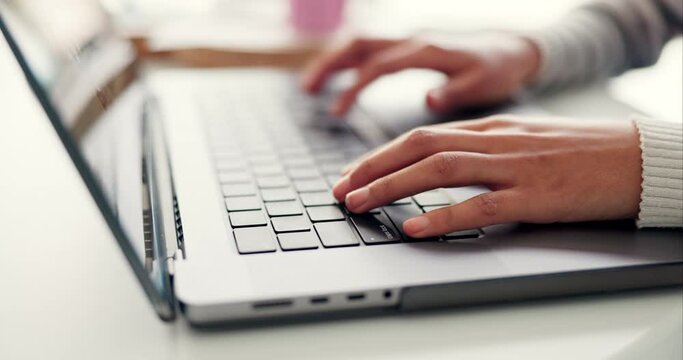 Student, hands and typing on laptop keyboard for digital research, planning web information and studying at college. Closeup, person and elearning for campus project, online article and editing essay