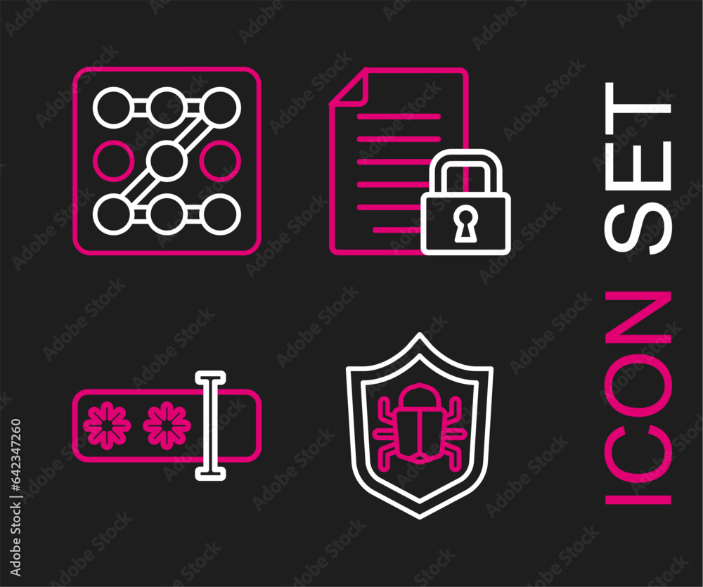 Poster set line system bug, password protection, document and lock and graphic password icon. vector