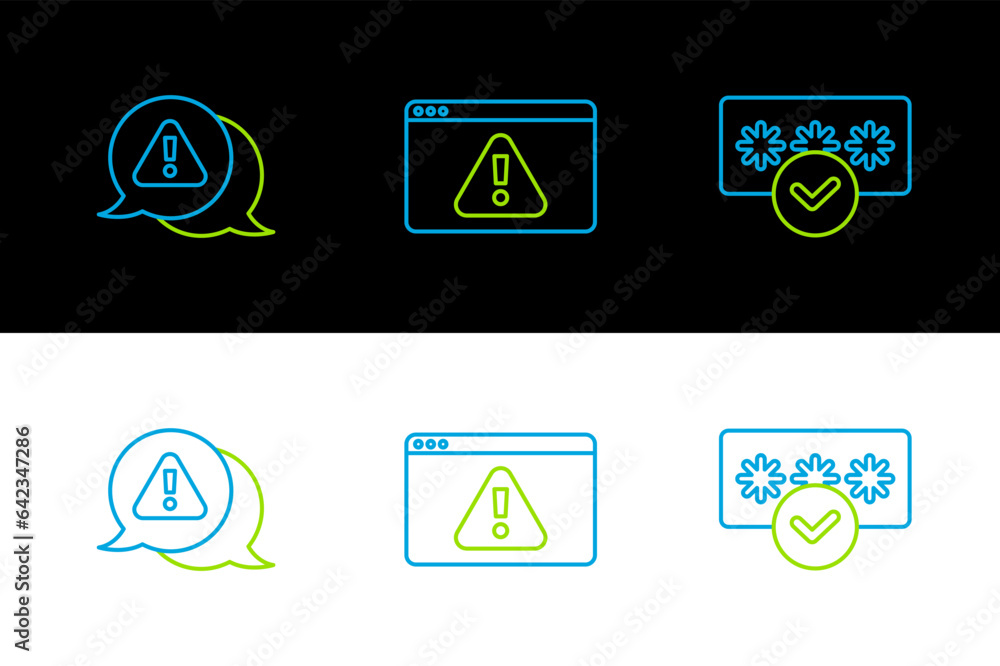 Poster set line password protection, exclamation mark in triangle and browser with exclamation icon. vector
