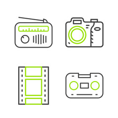 Set line Retro audio cassette tape, Play Video, Photo camera and Radio with antenna icon. Vector