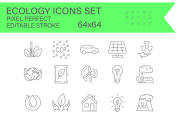 Collection of outline icons.  ecology, environment, and sustainability.  thin line icons.  editable vector strokes and maintain a pixel-perfect resolution of 64x64.