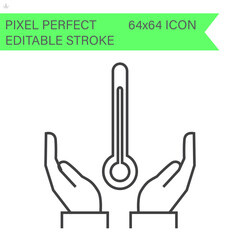 Save planet. Hands holding termometr. Environmental economics, social responsibility for nature. Thin line icon. Vector illustration. ecology icons .Editable Stroke. 64x64 Pixel Perfect.
