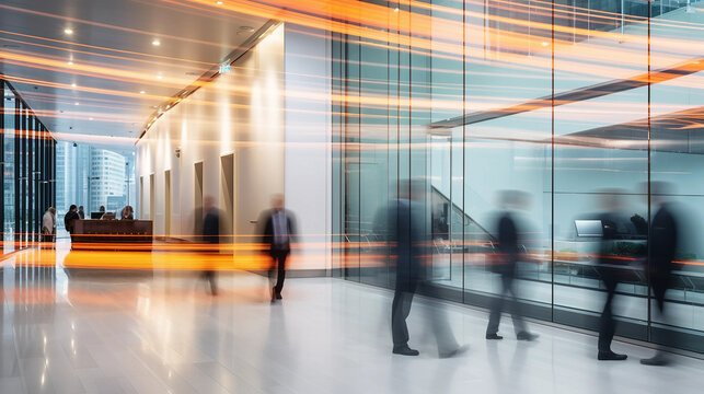 Business people walking at the modern hall on the window background indoors. long exposure image technic with motion blurred people.Generative Ai