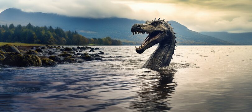 Wide panoramic shot of the Loch Ness monster (also known as Nessie) sticking his head and neck out of the water - scary looking with sharp teeth - Generative AI