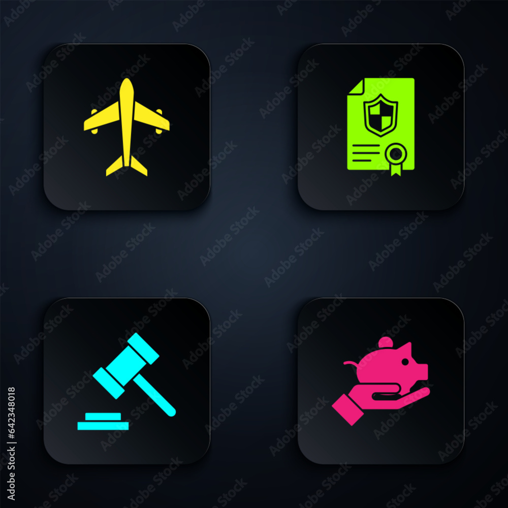 Poster set piggy bank in hand, plane, judge gavel and contract with shield. black square button. vector