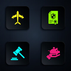 Obraz premium Set Piggy bank in hand, Plane, Judge gavel and Contract with shield. Black square button. Vector