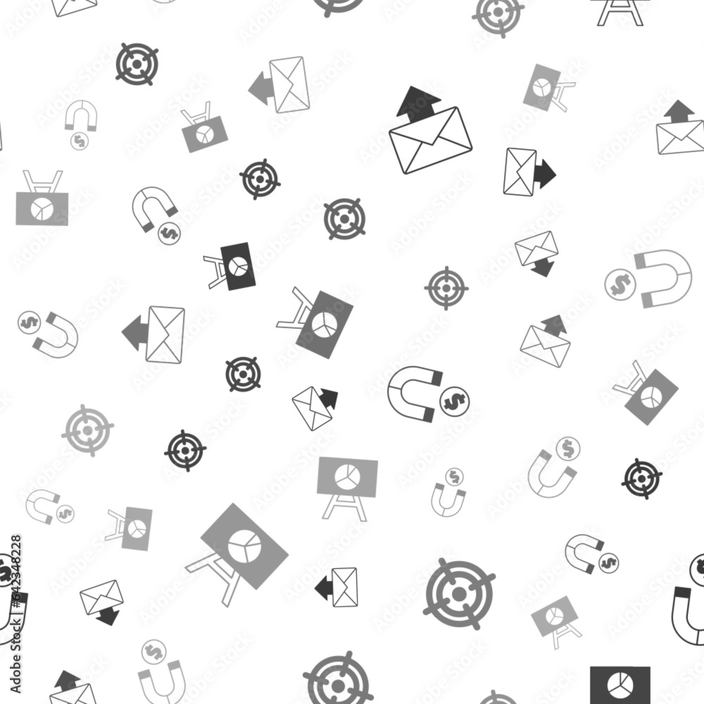Poster set mail and e-mail, target, magnet with money and board graph chart on seamless pattern. vector