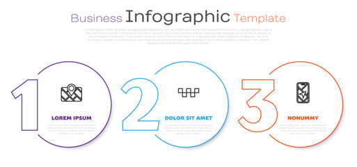 Set line Gps device with map, Taxi car roof and City navigation. Business infographic template. Vector