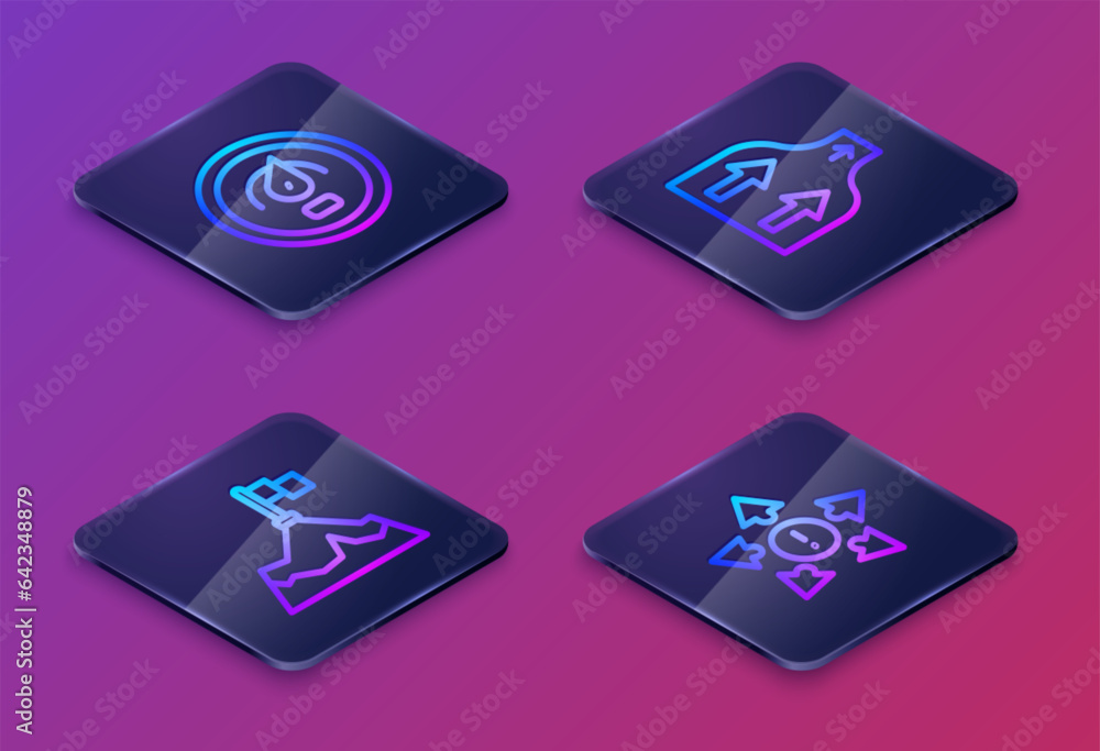 Poster set isometric line digital speed meter, mountains with flag, arrow and many ways directional arrow. 