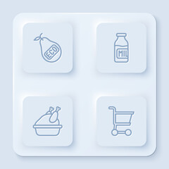 Set line Healthy organic pear, Bottle with milk, Roasted turkey chicken and Shopping cart. White square button. Vector