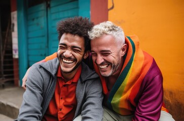 Fototapeta premium two people wearing rainbow flags standing in the street