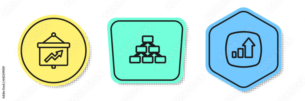 Poster set line board with graph, hierarchy organogram and financial growth. colored shapes. vector