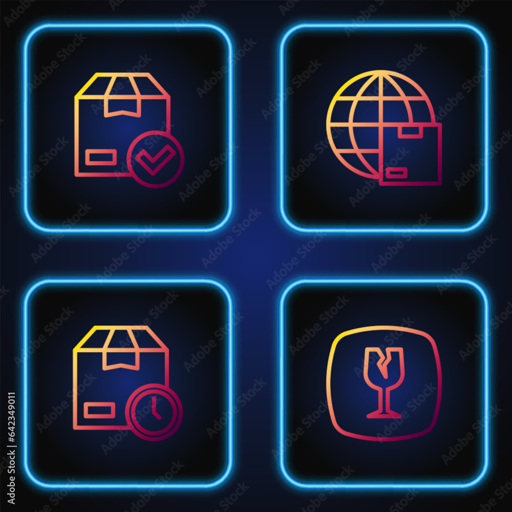 Poster set line fragile broken glass, cardboard box with clock, ackage check mark and worldwide shipping. g