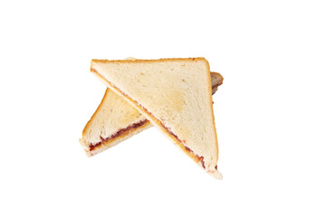 sandwich with peanut butter and raspberry jam isolated top view