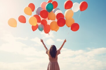 young happy girl with many colorful balloons