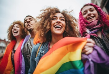young women and men holding rainbow flags 