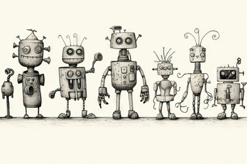drawn background drawing technology digital equipment character drawing toys robot design cartoon illustration Team artwork isolated robots decoration toy funny pattern gra Ink Vintage figurine art - obrazy, fototapety, plakaty