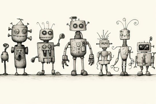 drawn background drawing technology digital equipment character drawing toys robot design cartoon illustration Team artwork isolated robots decoration toy funny pattern gra Ink Vintage figurine art
