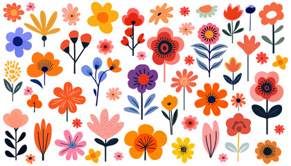 Abstract Hand drawn abstract wildflowers, set flowers and leaves, flat icons. Vector illustration