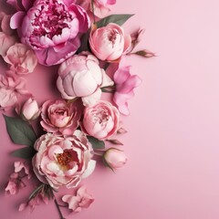 Beautiful Peonies, roses on pink background with copy space. Generative AI image weber.