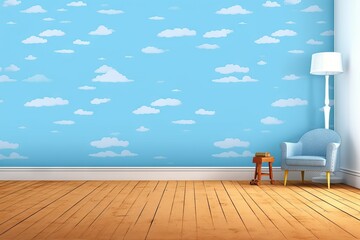blue graphic cartoo Room animation night colourful toy design Clouds game wooden retro floor star Background scrapbook travel Room illustration nature white art story background blue Kids cute sky - obrazy, fototapety, plakaty