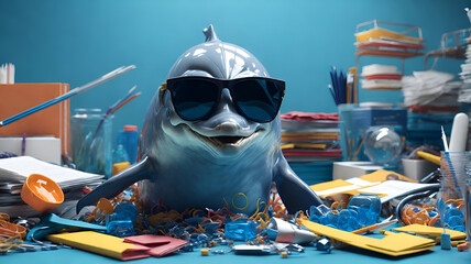 3D render of a dolphin wearing sunglasses with an ocean plastic garbage patch