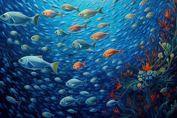 diving fish blue ecosystem ocean alive aqualung fish marin / animal wild large sea school fish scad scad background jamb underwater water abstract reef blue tropical coral sea water school nature - obrazy, fototapety, plakaty