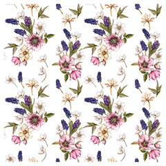 Seamless floral pattern with abstract garden flowers isolated on white. Watercolor botanical illustration. Petals, buds, blooming flowers and leaves.