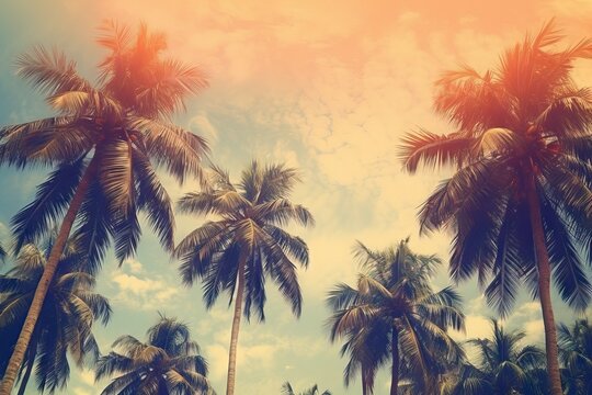 retro panorama vintage coast palm sunny banner banner tropical se style header process tree Panoramic leaf tropical palm vintage leisure palm holiday beach island background trees panoramic exotic