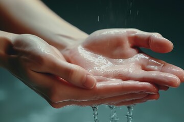 Close-up of woman holding water with both hands, close-up of washing hands, holding running water in both hands, SPA hand care