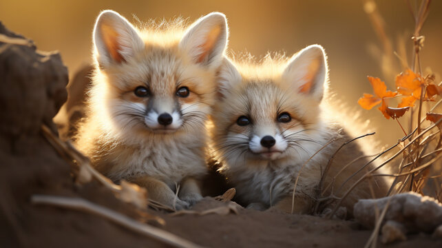 2 Fennec Fox, sitting under the fascinating light