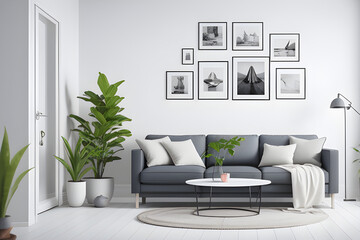 Four mockup frames in living room interior, Scandinavian style, 3d rendering