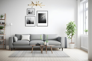 Four mockup frames in living room interior, Scandinavian style, 3d rendering. Template