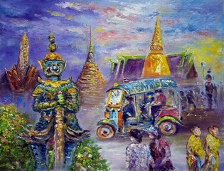 oil painting  giant guardians  Grand Palace bangkok Thailand , tuk tuk